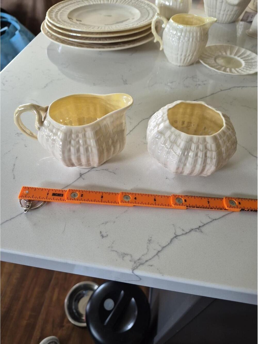 Belleek Tridacna Yellow Creamer Pitcher Sugar Bowl Set Green Mark Vintage Irish
